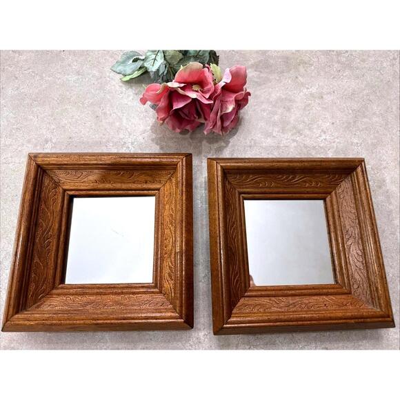 HOMCO Other - Vtg 70s Homco Home Interiors 8” Square Ornate Wood Mirror Set Of 2 MCM Boho
